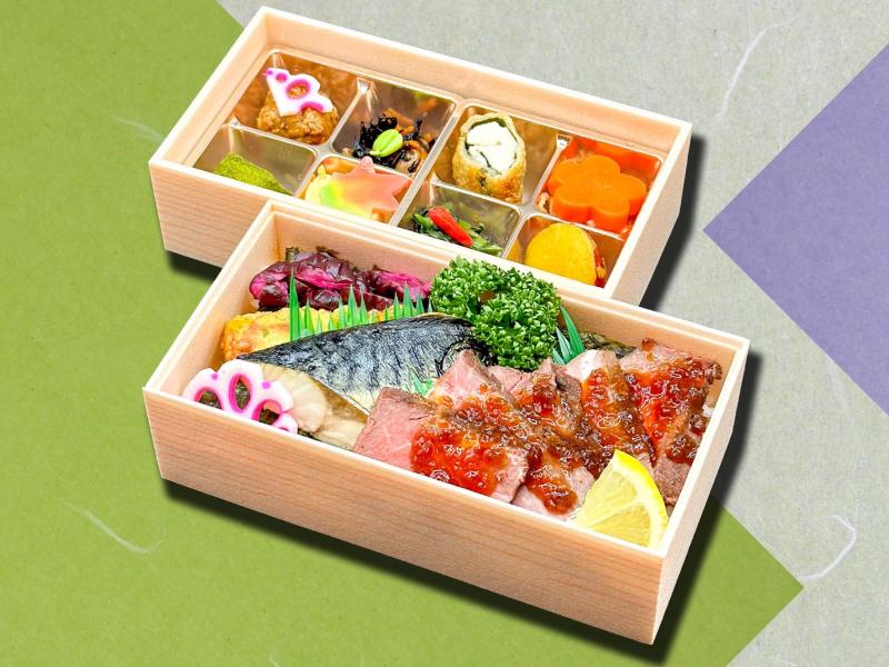 牛ステーキと焼魚のり弁二段重