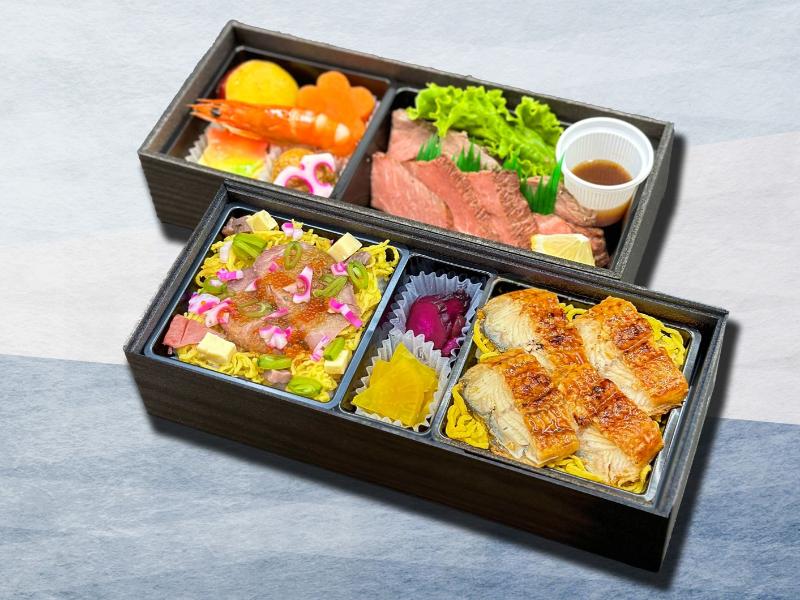 肉ちらしとうな丼、ステーキの二段重