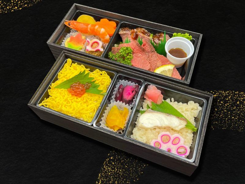 鯛おこわといくら丼ローストビーフステーキ御膳