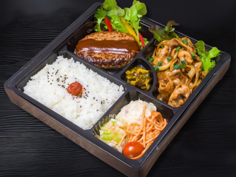 柔らかジューシーハンバーグ＆四元豚バラ肉の生姜焼きのあいもり弁当〜デミソース添え〜