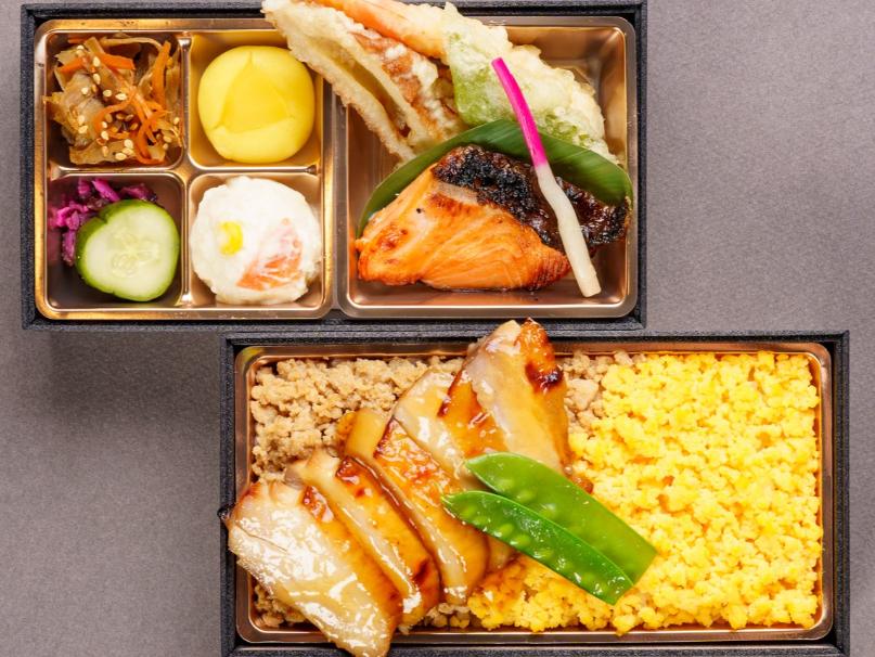 鶏照り焼き、天ぷら、西京焼き弁当