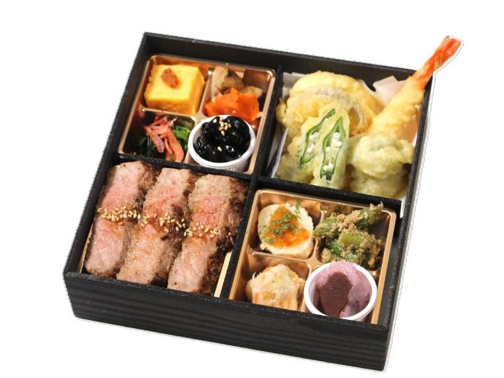 季節の副菜ステーキ重と天麩羅御膳