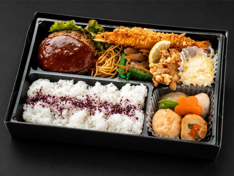 有頭エビフライと粗挽ハンバーグ弁当
