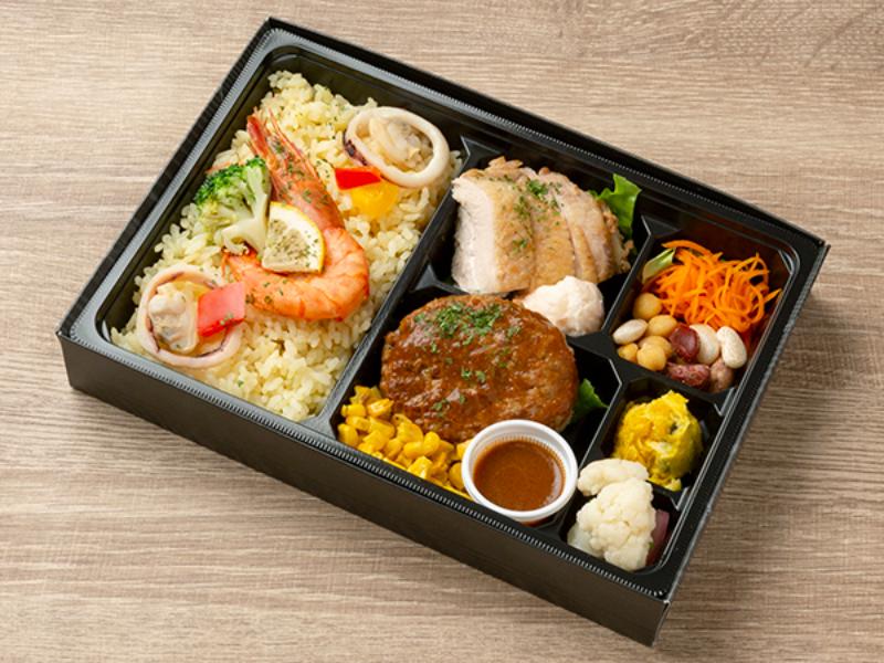 彩りパエリアと特製デミグラスソースハンバーグ＆ハーブチキンBOX