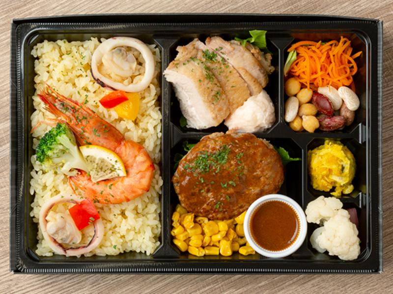 彩りパエリアと特製デミグラスソースハンバーグ＆ハーブチキンBOX