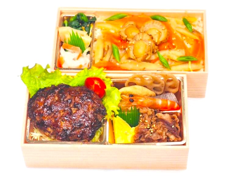 特製黒毛和牛ハンバーグと肉厚ホタテの五目飯二段御膳