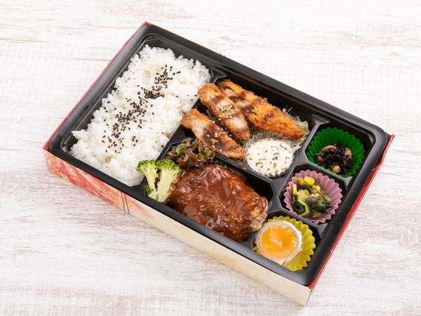 自家製きのこ煮込みハンバーグ×ミックスフライ弁当