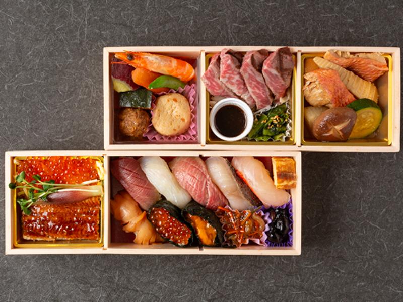 和牛ステーキ＆金目鯛煮つけ・特上８貫にぎり＆うなぎイクラ飯二段膳