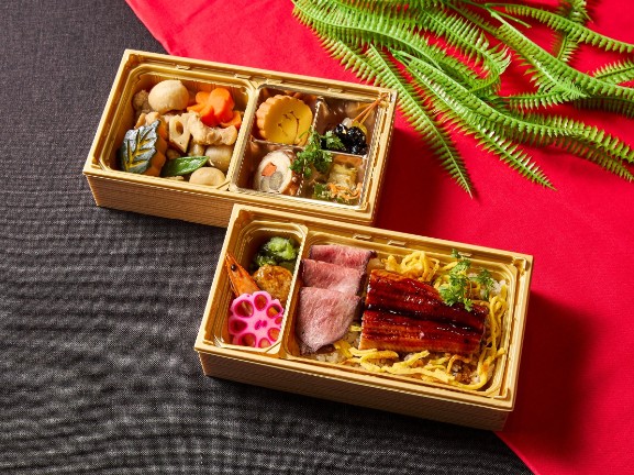 【280mlペット茶付き】ローストビーフと「うな丼」と10種の副菜の会席二段重