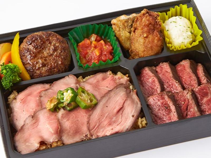 黒毛和牛牛ロースステーキとローストビーフ肉飯＆手ごねハンバーグステーキ弁当