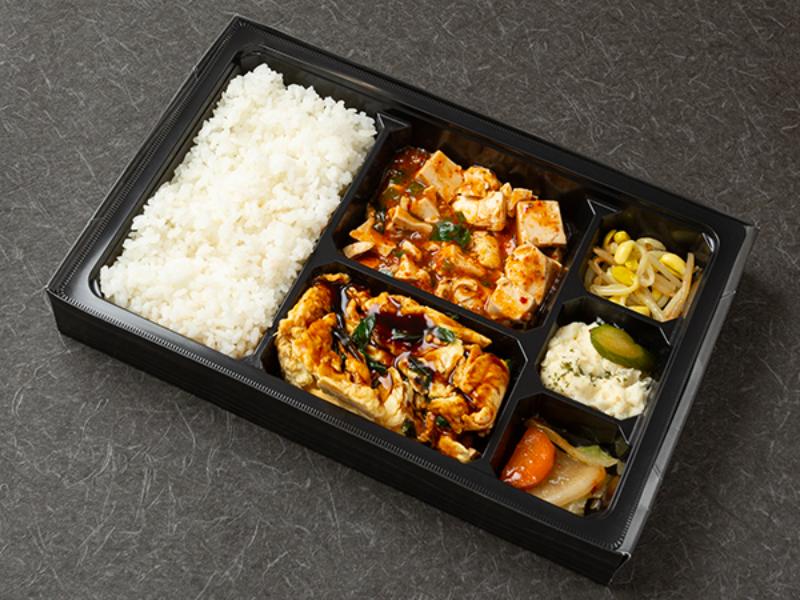 四川麻婆豆腐とニラ玉黒酢あん弁当