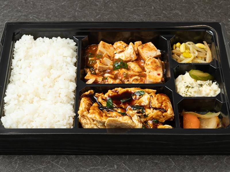 四川麻婆豆腐とニラ玉黒酢あん弁当