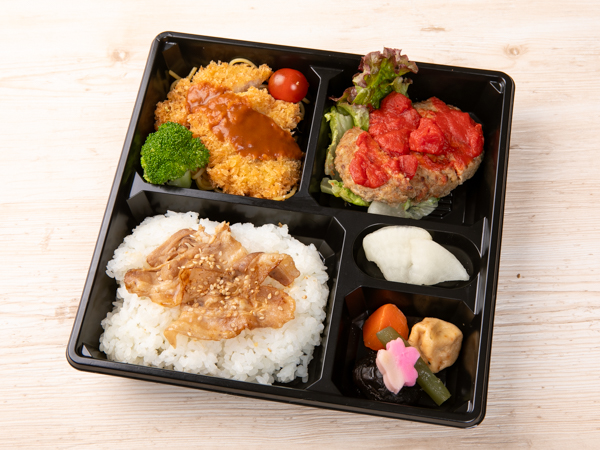豚ロースとんかつとハンバーグの豚バラ照焼き重