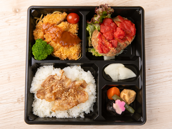 豚ロースとんかつとハンバーグの豚バラ照焼き重
