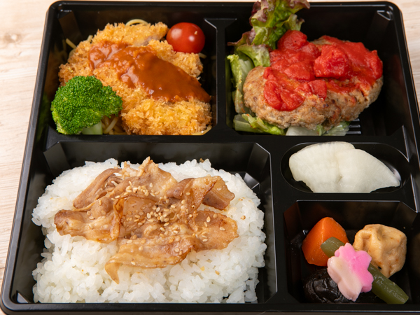 豚ロースとんかつとハンバーグの豚バラ照焼き重