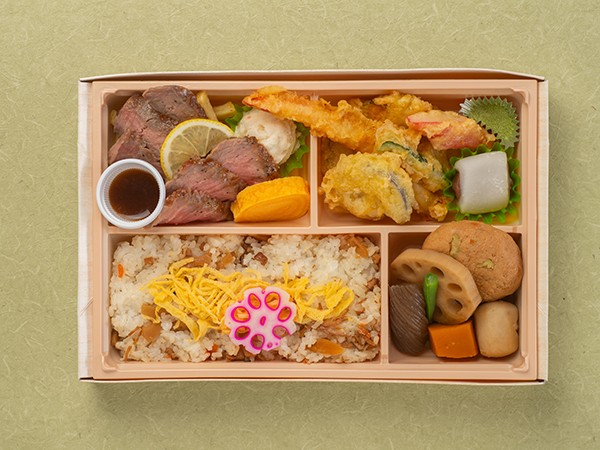 季節の炊込みご飯と牛ステーキの懐石膳