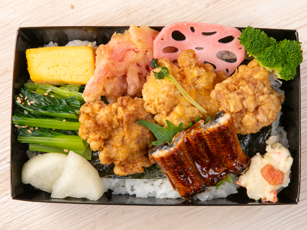 田舎風鶏唐揚げとうなぎ蒲焼きの海苔弁当