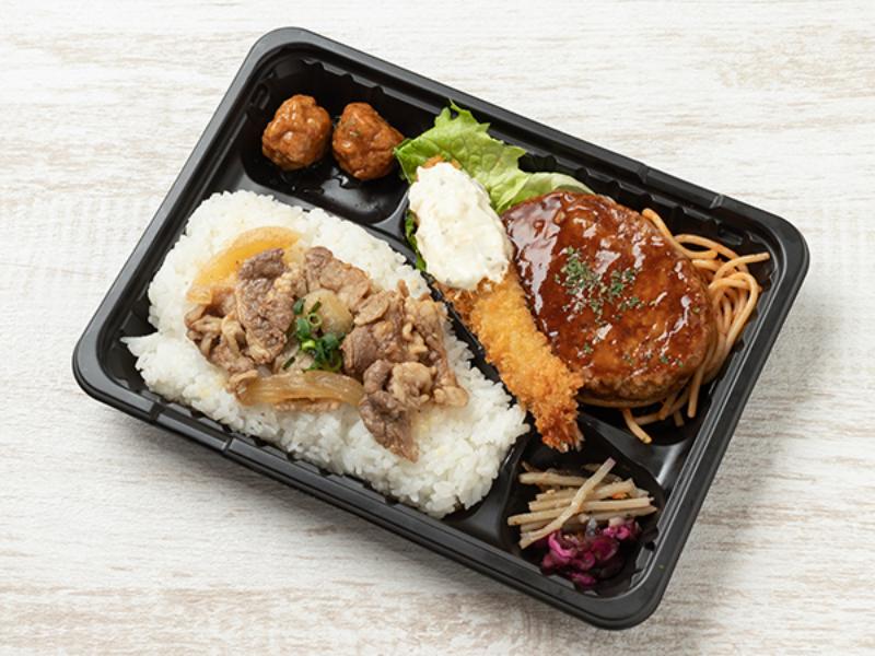 【牛焼肉のせ】海老フライ＆ハンバーグ弁当
