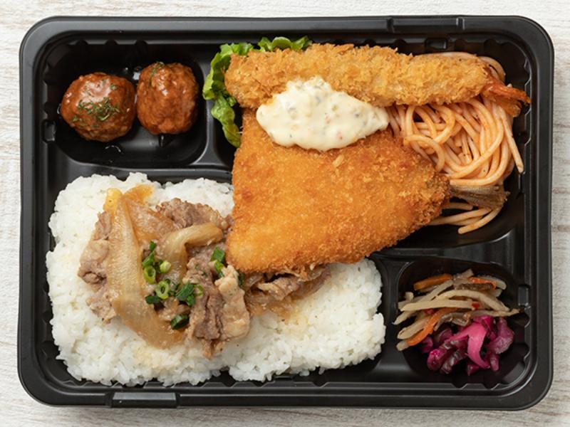 【牛焼肉のせ】海老フライ＆アジフライ弁当